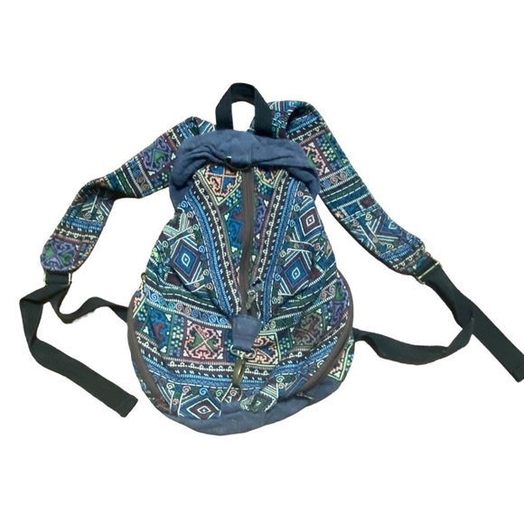 Boho Tribal Woven Backpack with Simba Zipper Charm – Blue Multicolor - Picture 1 of 5